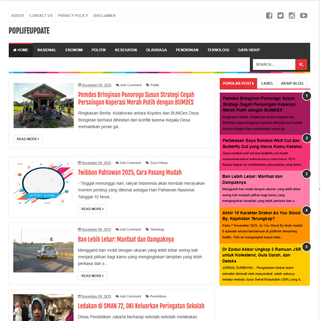 Blog Website Berita Siap Pakai – PopLifeUpdate Template EvoMagz Premium, SEO Friendly, Responsif,