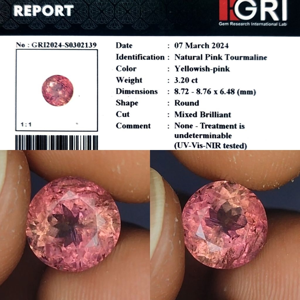 Padparadscha Color Natural Pink Tourmaline Round Cut 3.2ct GRI Top Crystall Full Luster Body Kaca Me