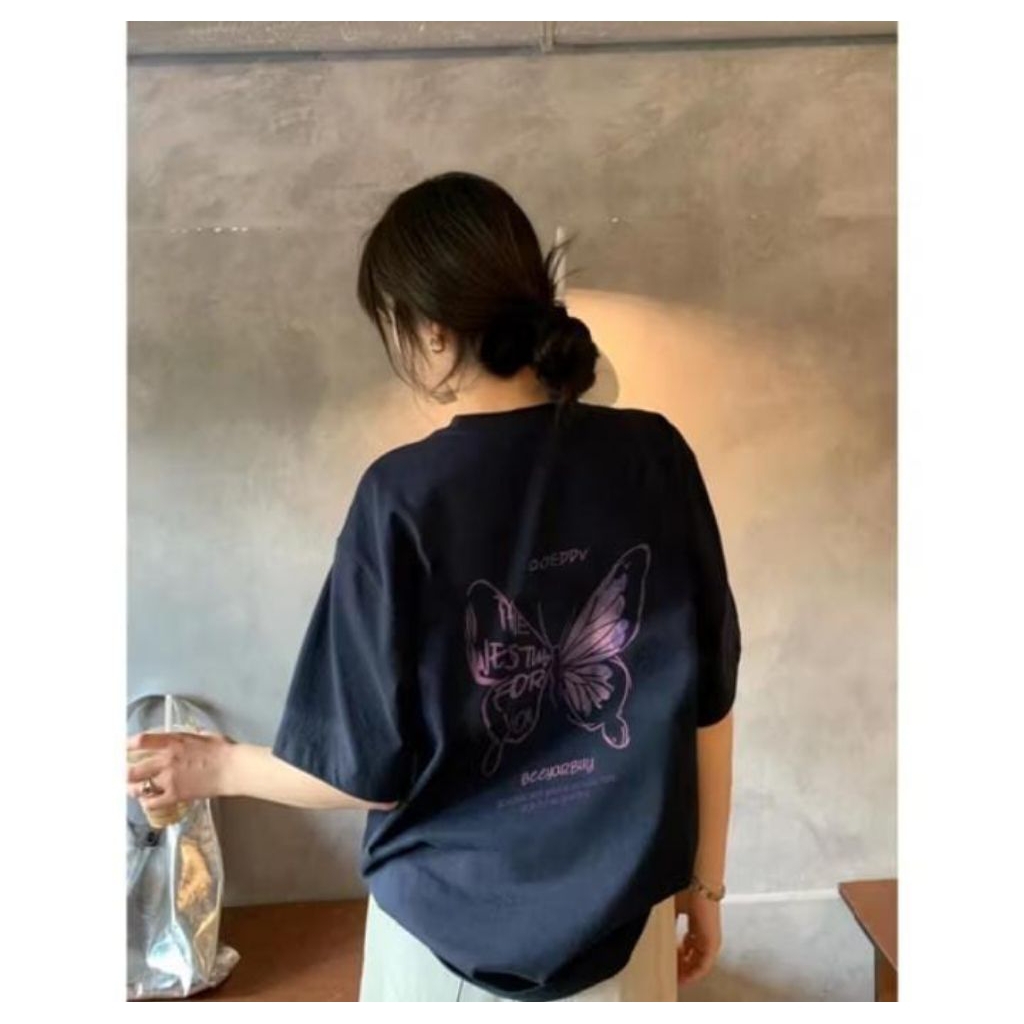 T-shirt Oversize Pink Butterfly On The Black Baju Kaos Korean
