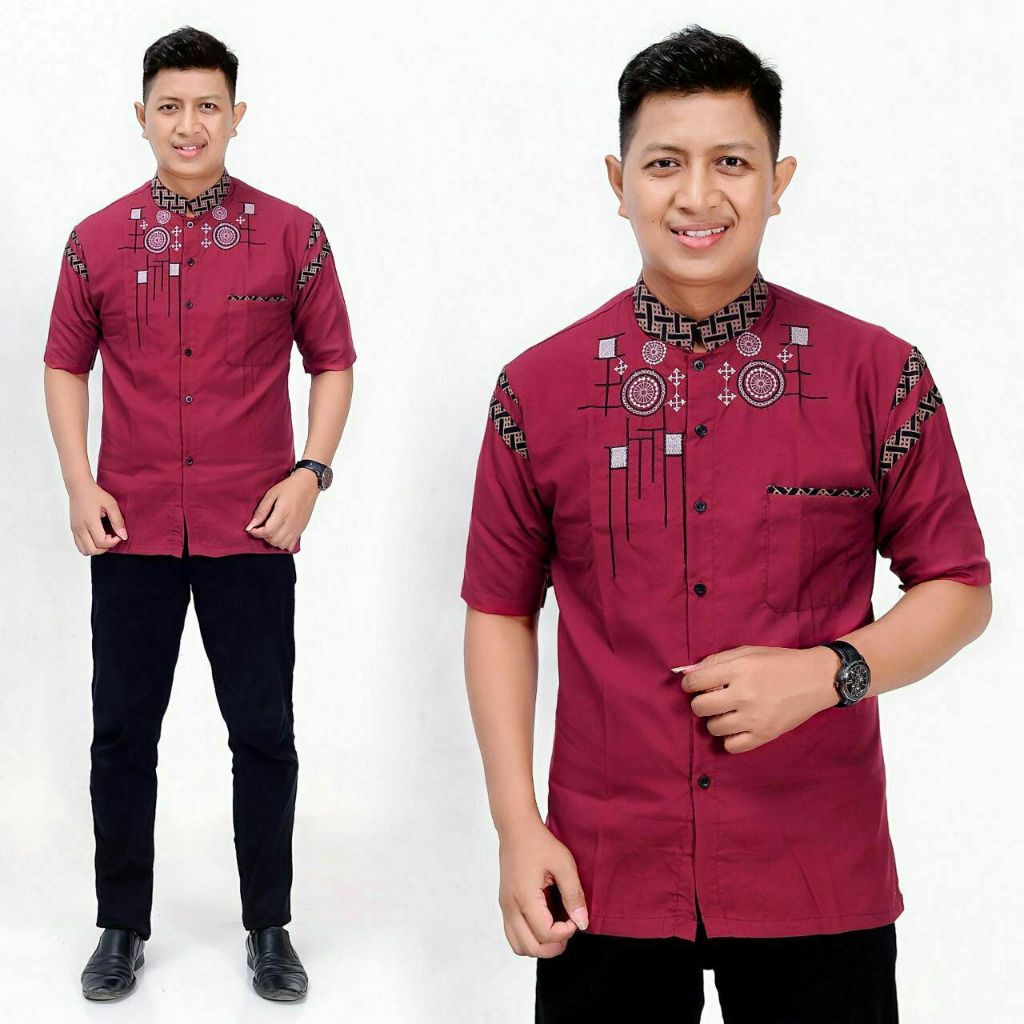 Baju koko batik pria dewasa lengan pendek katun/hem koko kombinasi batik bordir