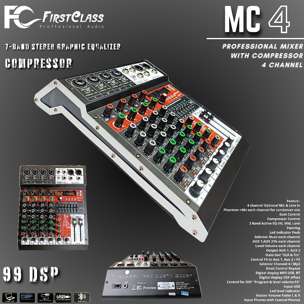 Professional Audio Mixer Firstclass 4 Channel With Compressor MC 4 | Mixer 4 Channel Dengan Compress