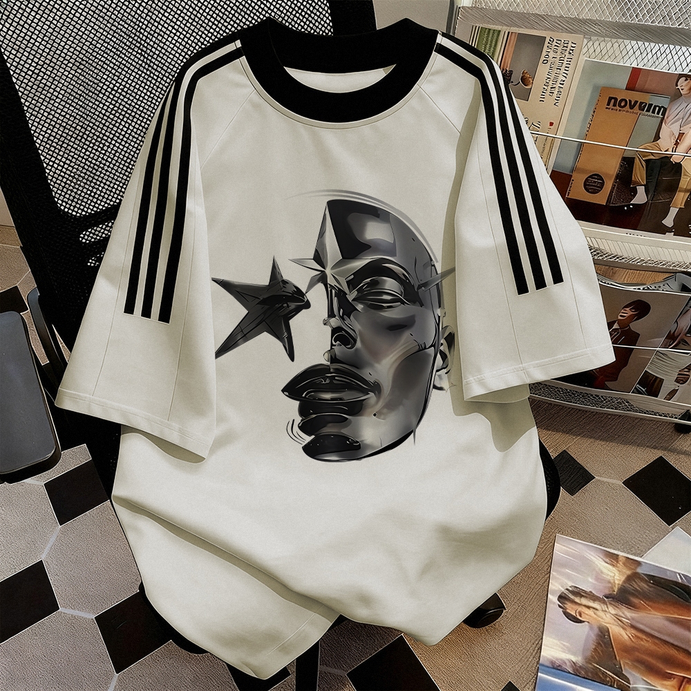 Naomifashion - Kaos street style pria | Crewneck oversize | Desain   abstrak Menghadapi | Kaos salur