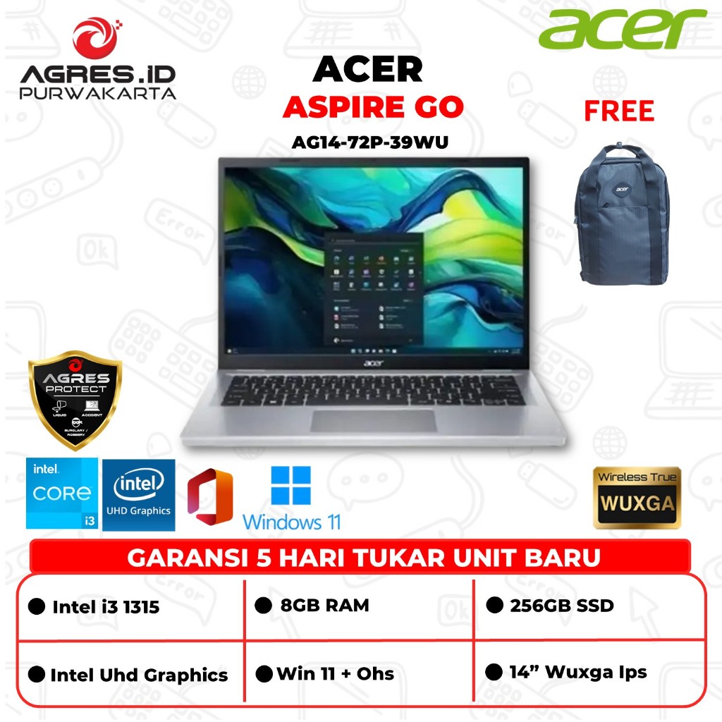 Acer Aspire Go 14 AG14 I3 1315 Ram 8GB Ssd 256GB Win 11 + Ohs 14" Wuxga Ips