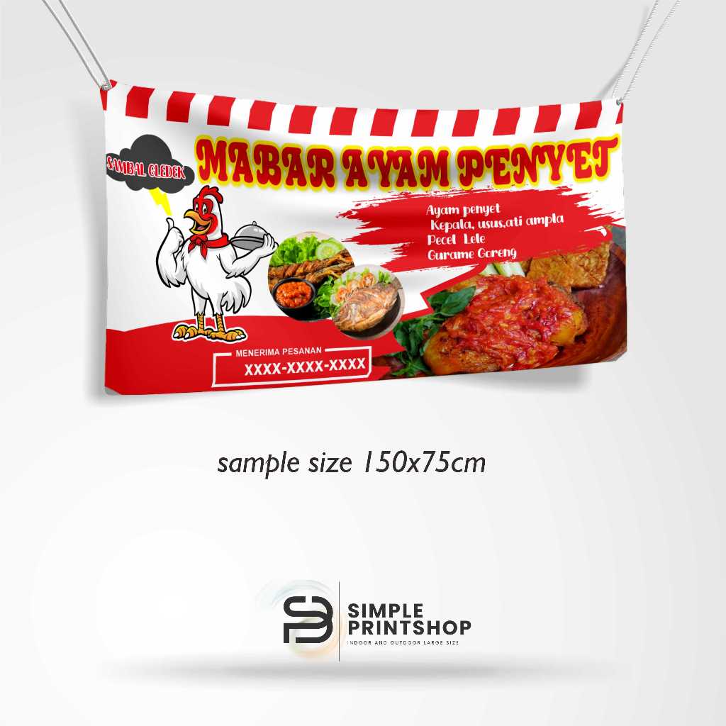 cetak spanduk 150x75 cm banner ayam penyet custom desain