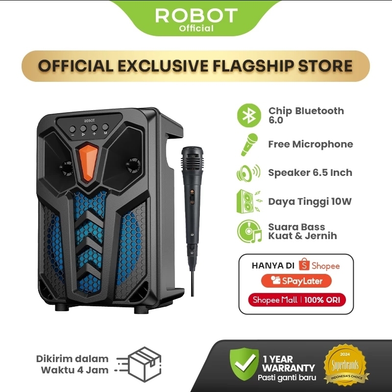 [FOR LIVE]ROBOT RB300 Bluetooth Speaker – Karaoke Mic Set, RGB, 10W, Portable Handle, Bluetooth 6.0 