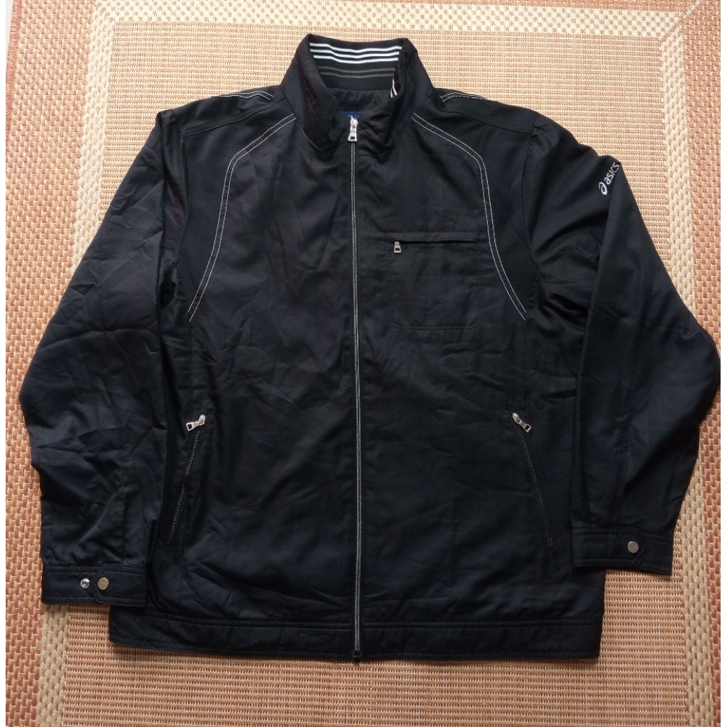 Jaket Asics hitam garis putih outdor windbreaker unisex