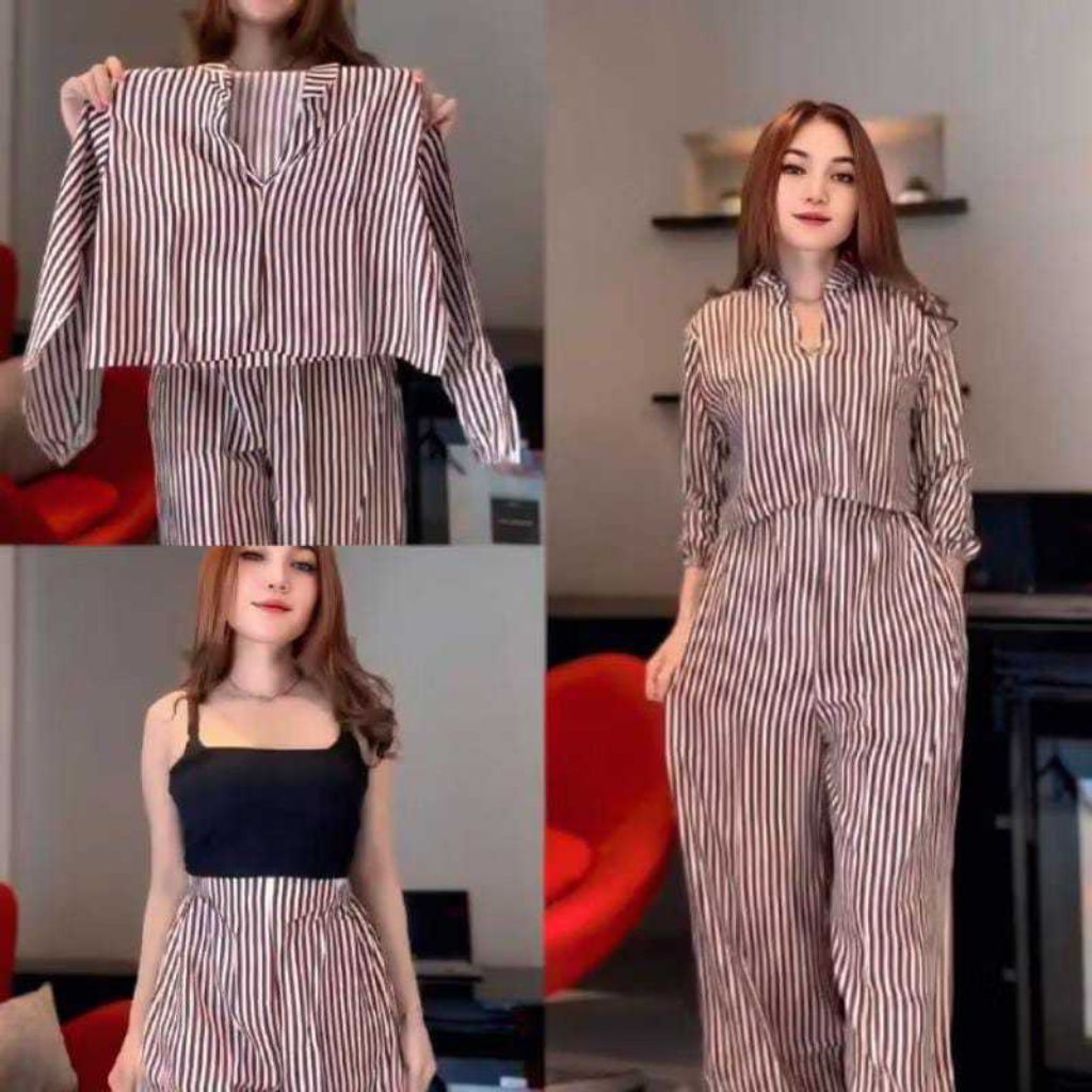 SETELAN KULOT MOTIF GARIS-GARIS SALUR BAJU SETELAN WANITA ATASAN CELANA KULOT CASUAL REMAJA