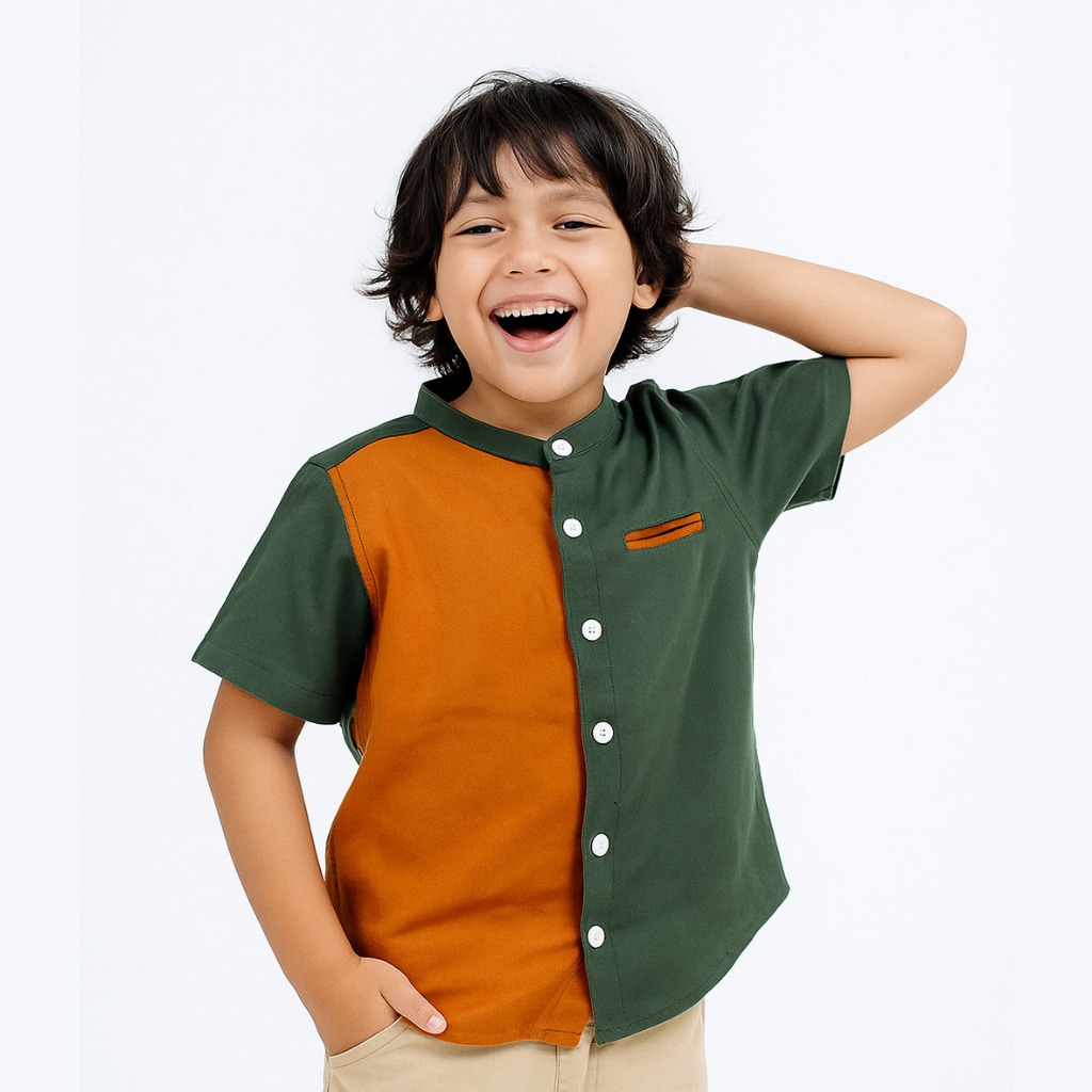 KIDTINK - Qhalqi Kemeja Koko Anak Lengan Pendek Flanel - Kemeja Koko Anak Laki-Laki - Kemeja