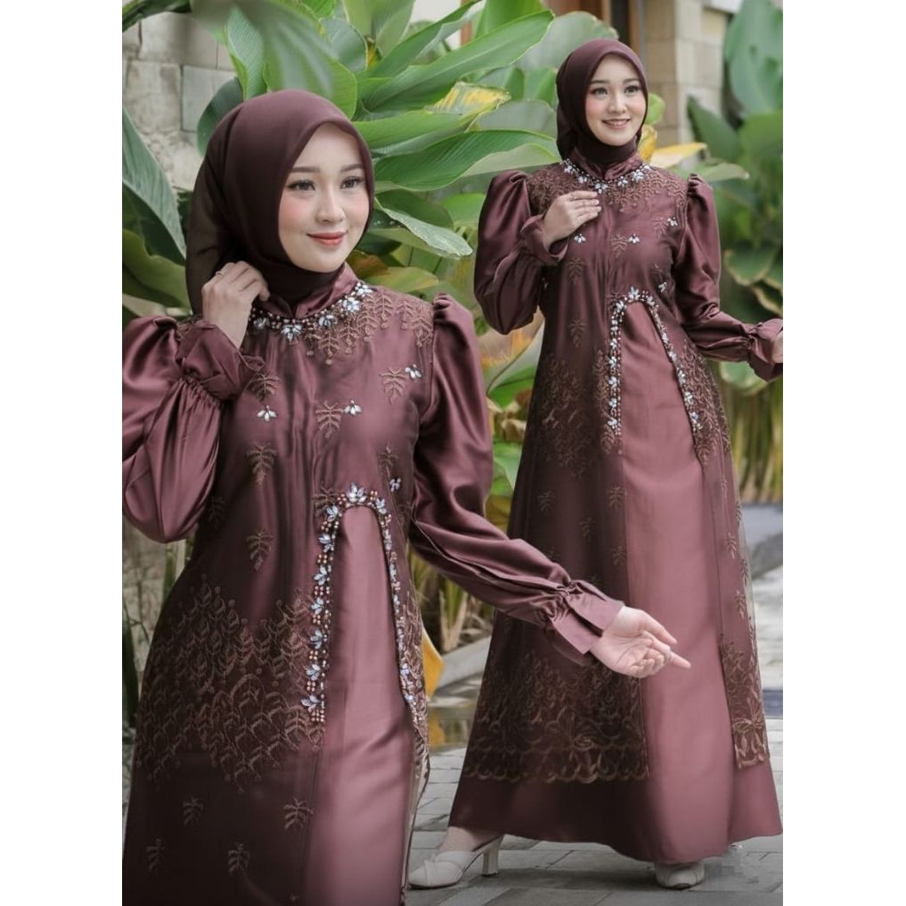 Baju gamis Muslim brokat pesta cantik Marsha Dres Mat Velvet Mix Brokat Payet gaun lebaran bestseler