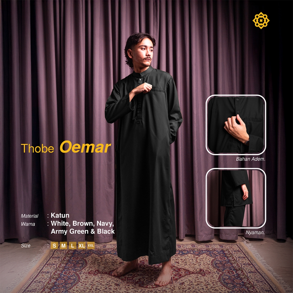 ElRaqi - Thobe Oemar Black | Baju Koko Pria Lengan Panjang Premium | Gamis Pria Modern Black