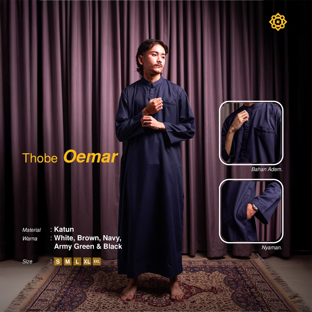 ElRaqi - Thobe Oemar Navy | Baju Koko Pria Lengan Panjang Premium | Gamis Pria Modern Navy