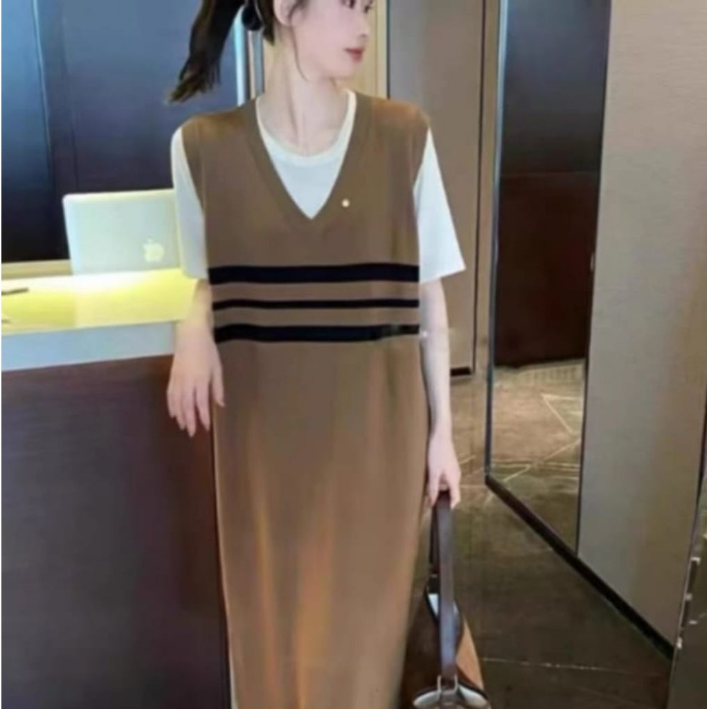 ‼️‼️ BEST PRICE ‼️‼️ CHN PREMIUM IMPORT ‼️ ZENNAYA BIG SIZE 3TONE COMBINATION STRIPE KNIT LOOSE MIDI