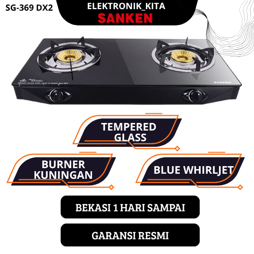 SANKEN KOMPOR GAS 2 TUNGKU SG-369 DX2 SG369DX2 SG 369 GLASS TOP KUNINGAN GARANSI RESMI BEKASI