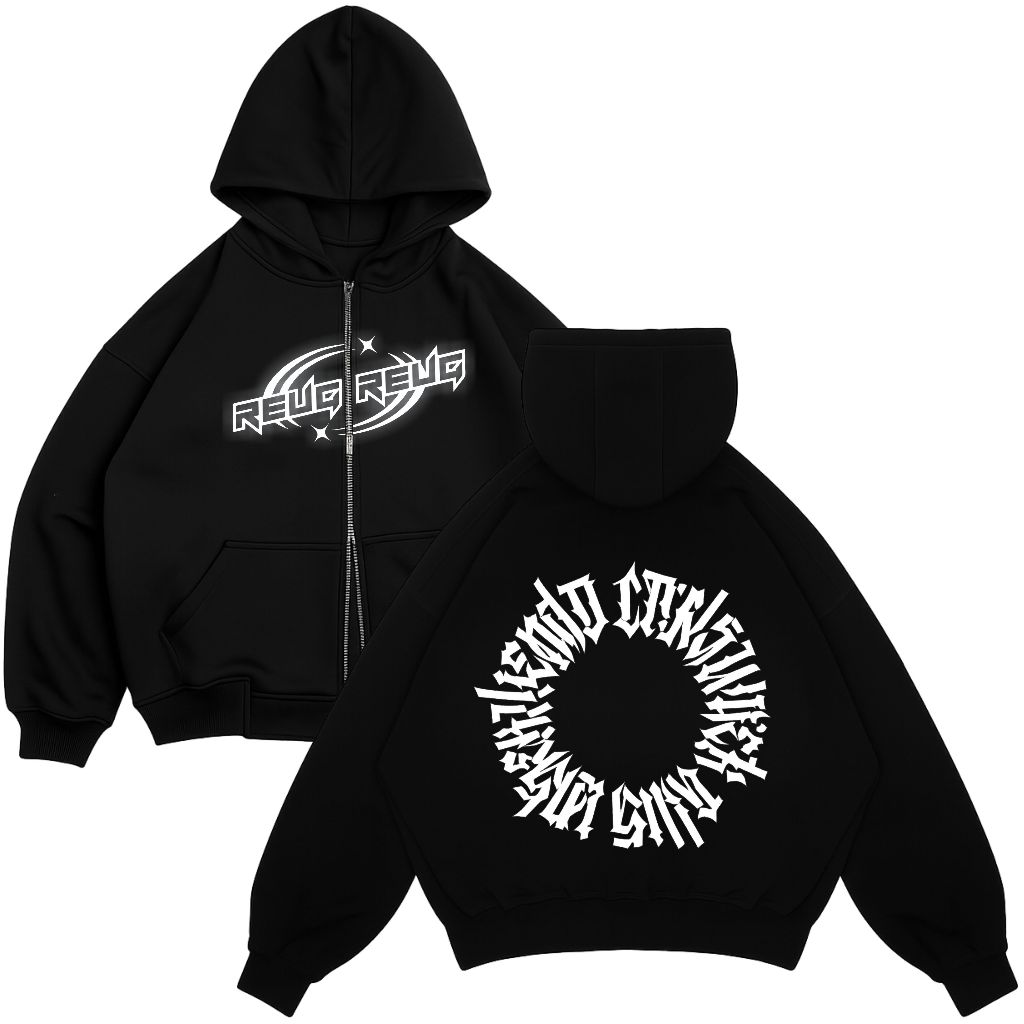Hoodie Boxy Zipper Double Menyala dalam Gelap Reug Reug Sweater Sablon Grafity Bulet Unisex Terbaru