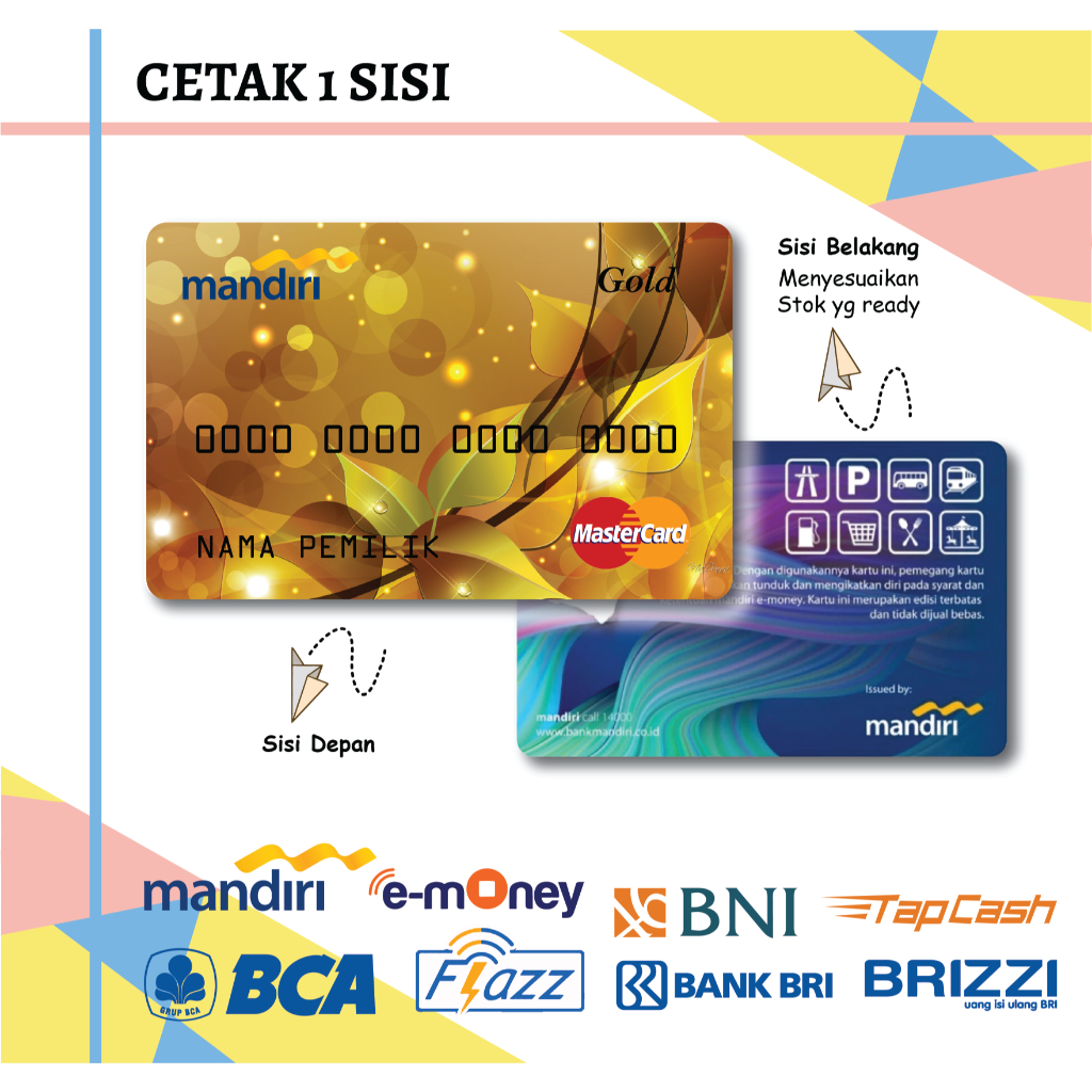 KARTU EMONEY DEBIT CARD BUNGA GOLD MASTER ETOLL MANDIRI FLAZZ BCA BNI TAPCASH BRIZZI BRI - 2 SISI