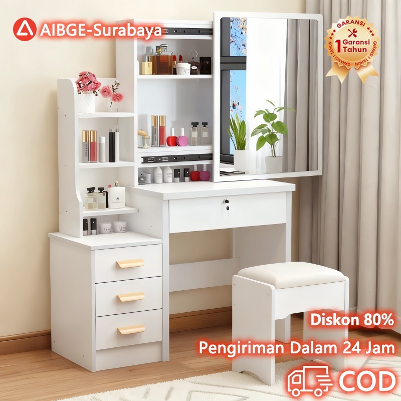 [Surabaya Express]Meja Rias Putih Dengan Led dan Kaca Sliding Meja Rias Kecil Ruang Tidur Gaya Moder