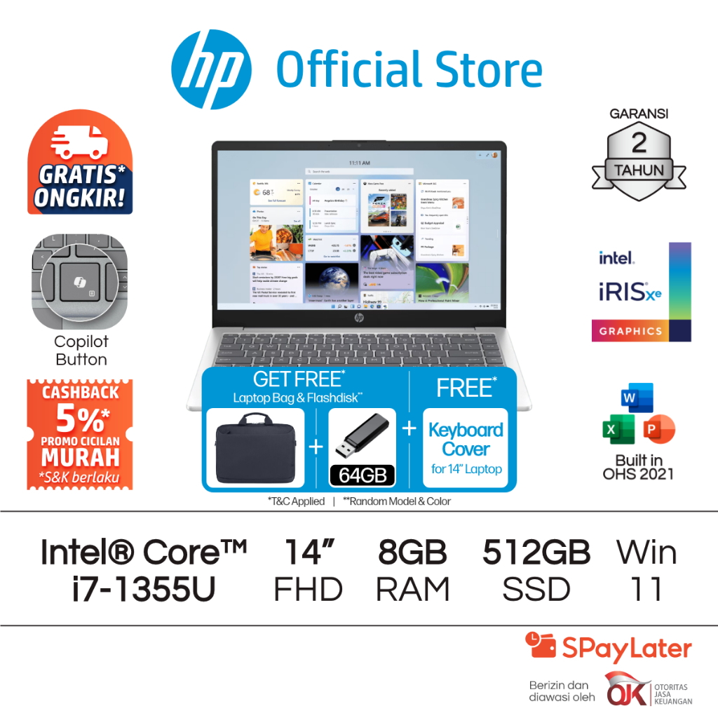 Laptop HP Intel Core i7 Iris X 8GB RAM 512GB SSD Silver Windows 11 Home 14 Inch Garansi 2 Tahun Prom