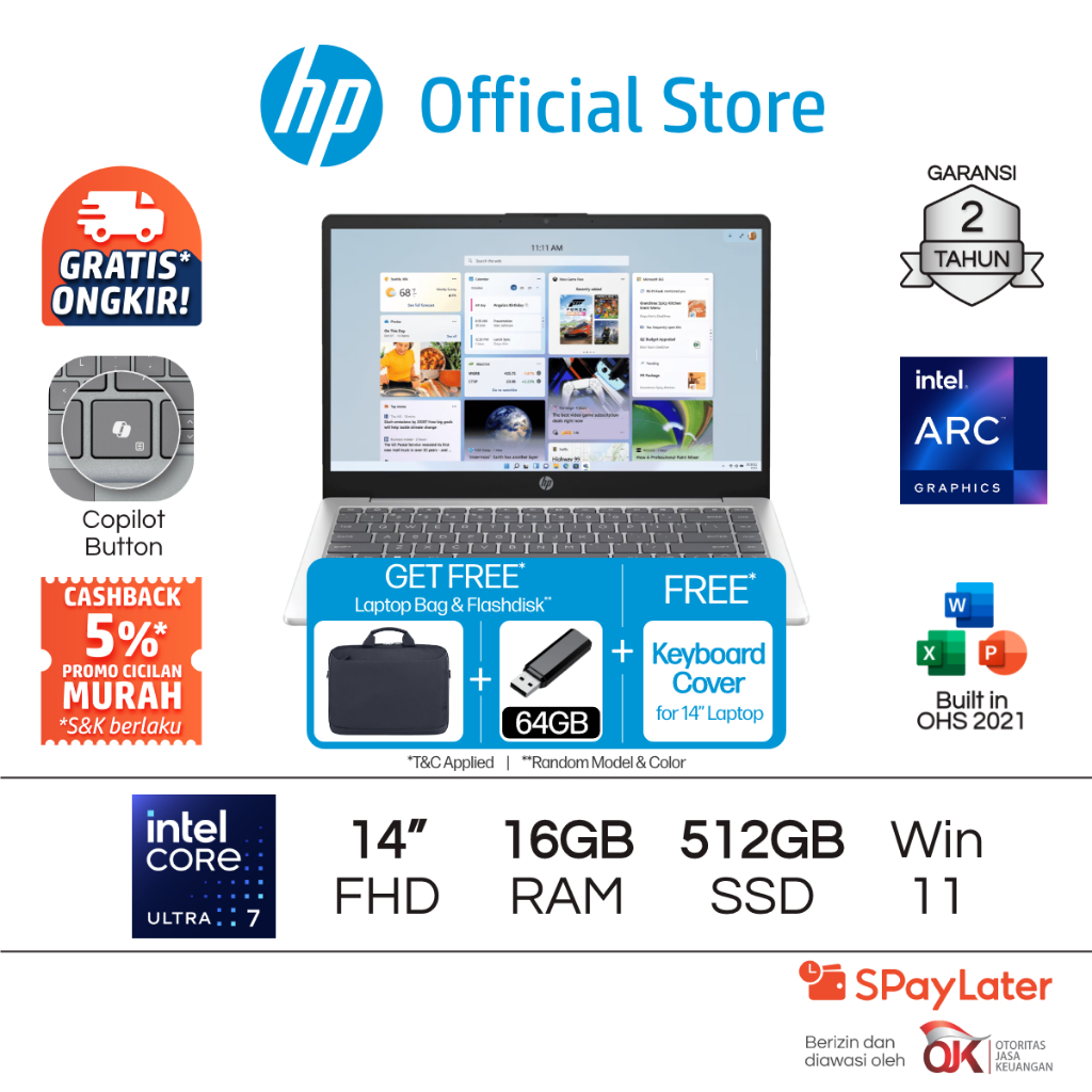 Laptop HP Intel Core Ultra 7 Arc 16GB RAM 512GB SSD Silver Windows 11 Home 14 Inch Garansi 2 Tahun P