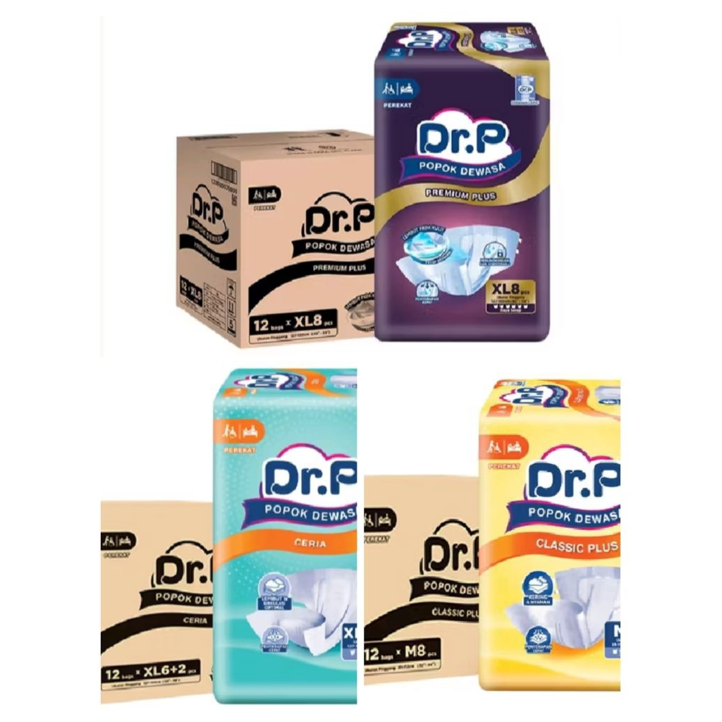 PAKET / KARTONAN ISI 12 BAG DR.P CLASSIC PLUS, PREMIUM PLUS, CERIA ADULT DIAPERS SIZE L, XL POPOK PE