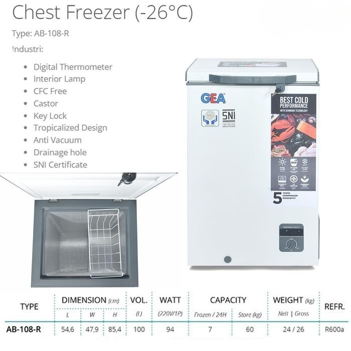 GEA CHEST FREEZER 1 Pintu 100 LITER AB-108R / BOX FREEZER GEA AB108R 100L