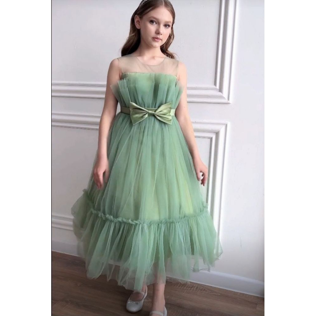 Gaun anak sage dress pesta cantik natal hijau