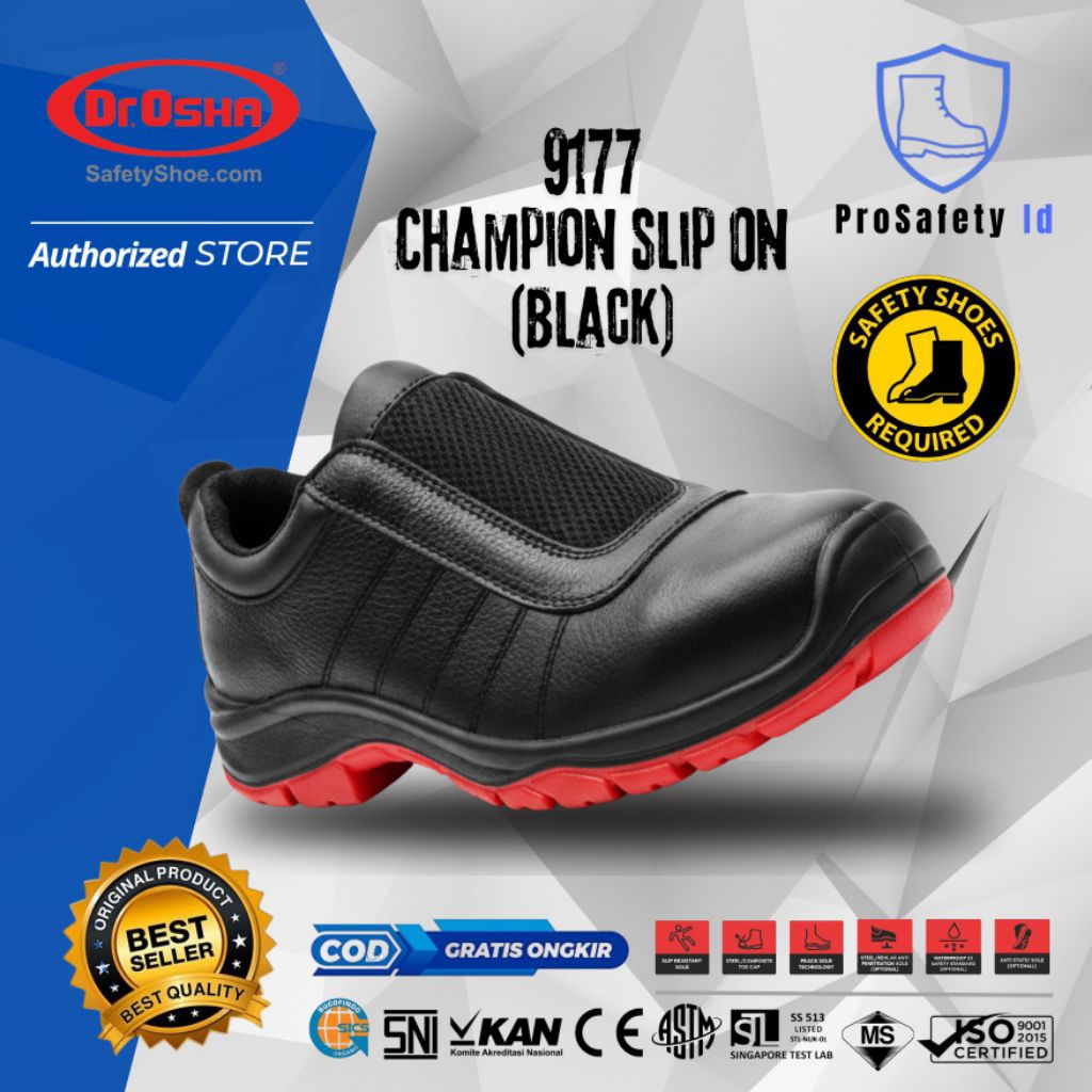 Sepatu Safety Dr OSHA Champion 9177 S1 Safety Shoes Slip On - Black