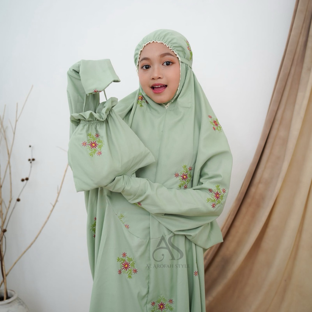 AL AROFAH Mukena Anak Terusan Remaja Syakila Bordir Mukenah Lajuran Anak SD SMP Motif Bunga Katun Pu
