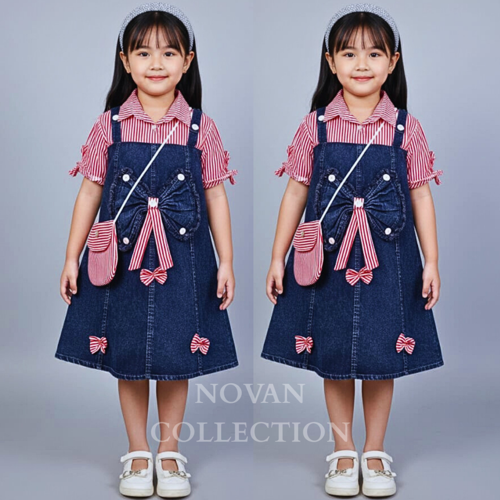 Dress jeans lengan pendek anak perempuan motif salur model terbaru 2025 dres natal anak perempuan Us