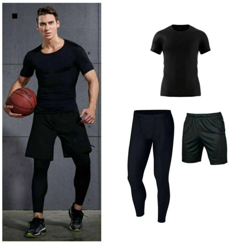 PAKET 3 IN 1 Baselayer manset tangan pendek short Sleeve Baju Pendek leging dan celana pendek pria o