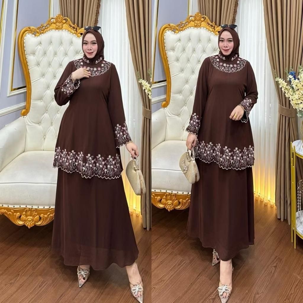 Setelan Rok Malay Set Hijab Gamis Bordir Bahan Ceruty Babydoll