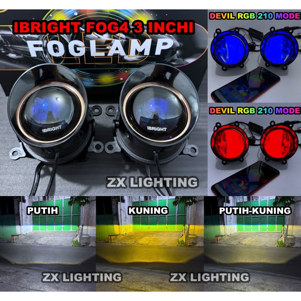 Foglamp Biled Sepasang ZE FOG 4 IBRIGHT Bluelens Lengkap Brecket Devil Rgb Apps Foglamp Mobil