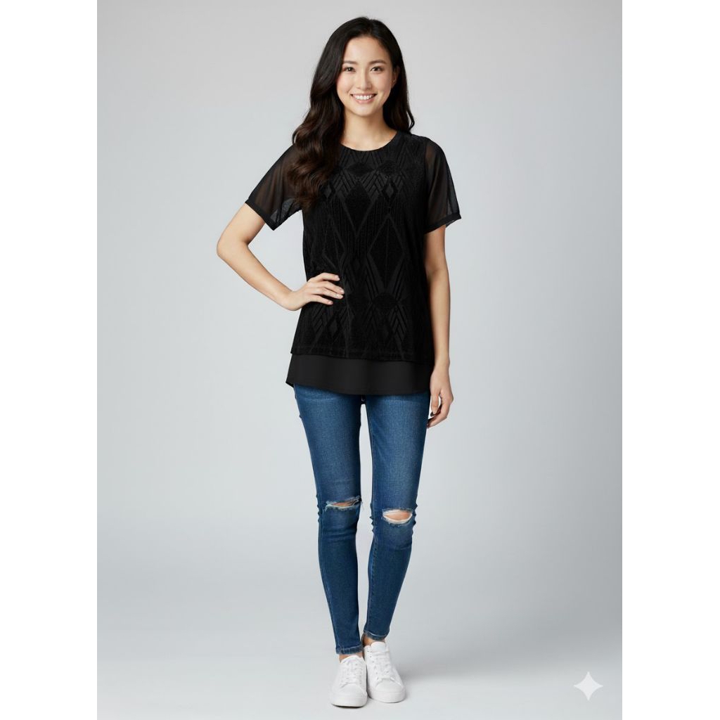 blouse short sleeve Limited Collection black atasan blus hitam motif branded wanita