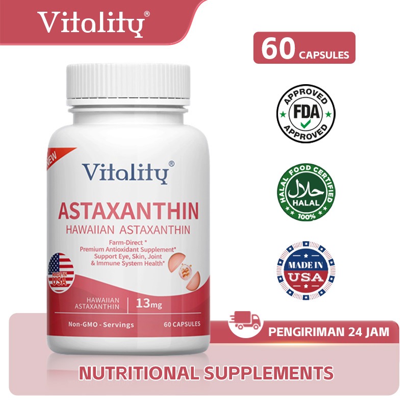 VITALITY Astaxanthin 12mg - Antioksidan Super untuk Kulit Glowing & Mata Sehat, Perlindungan dari Ra