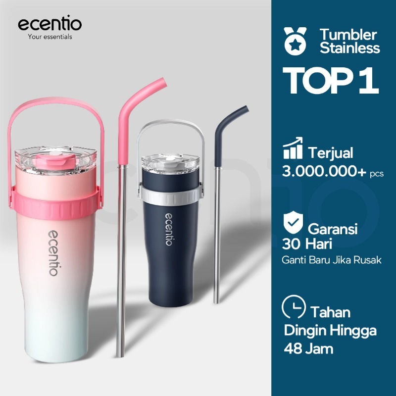 [tumbler 1200ml] ecentio Tumbler Stainless Steel 304 Tahan Dingin Botol Minum 1200ml Dengan Straw Po
