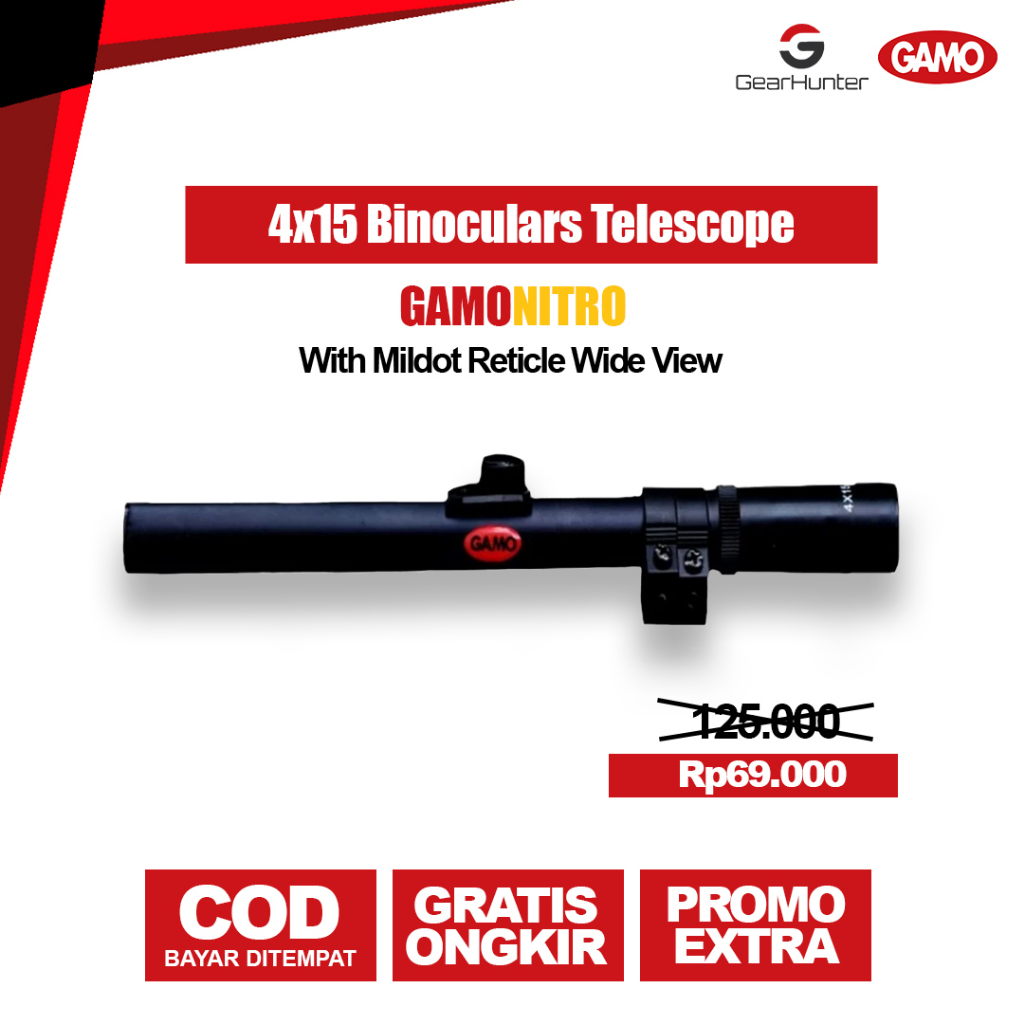 Teleskop Gamo Nitro 4x15 | Retikel Duplek | Optik Jernih & Ringan Untuk Outdoor