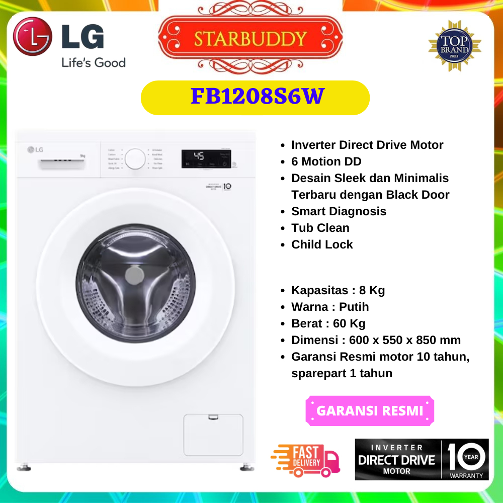 MESIN CUCI LG FB1208S6W FRONT LOADING INVERTER 8 KG