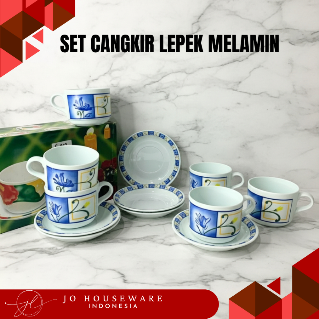TEBUS MURAH SET 12 PCS Cangkir Lepek Melamin / Cangkir Lepek Melamin Bunga Biru Cup Teh 6412