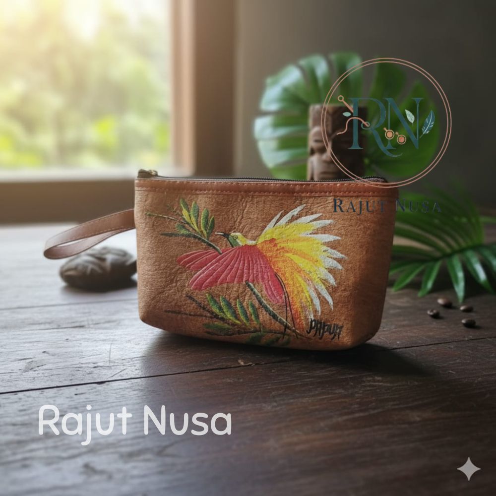 Dompet Kulit kayu Lukis, Pouch Unik, Tempat pensil Unik, Dompet Hp Papua bisa untuk Souvenir