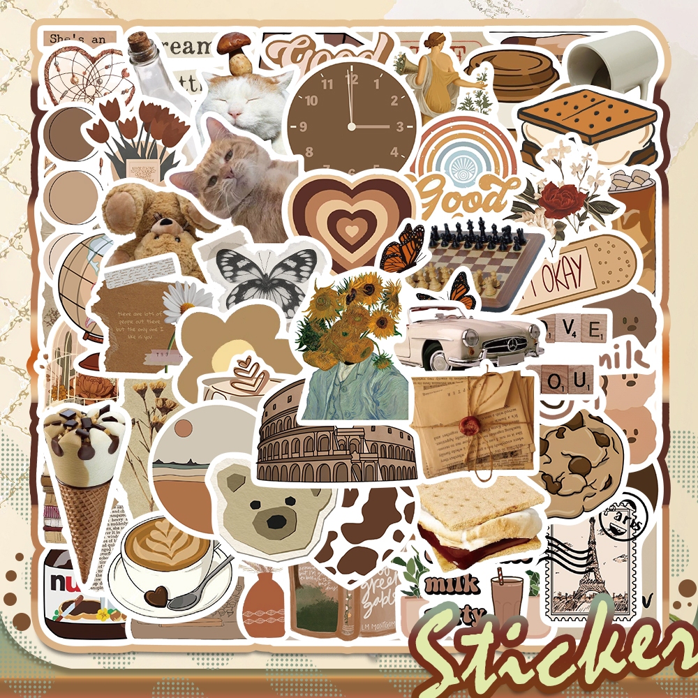 60PCS Kartun Pola Coklat Stiker DIY Bunga Kucing biskuit kopi Cocok untuk cangkir/Stiker Scrapbook T