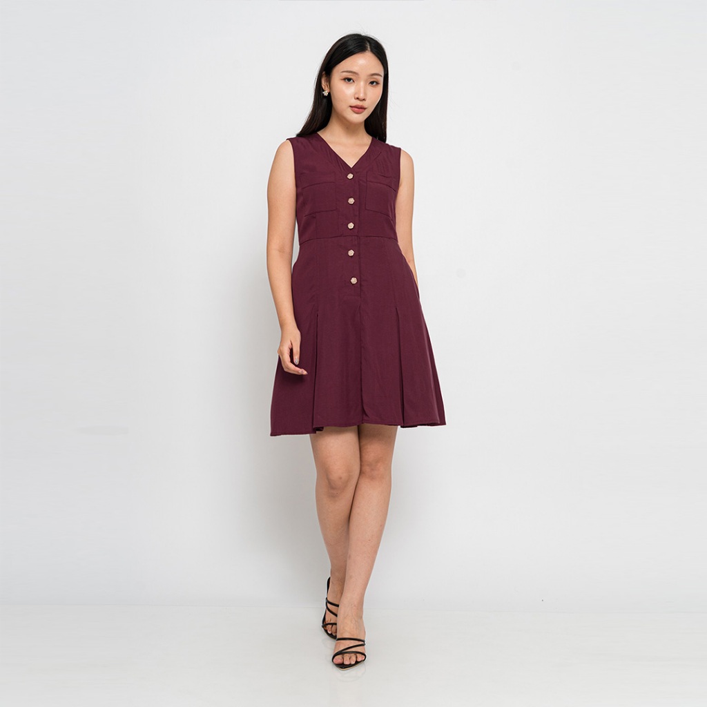Chocochips - Wenda Dress / Dress Tanpa Lengan V Neck Kancing Depan