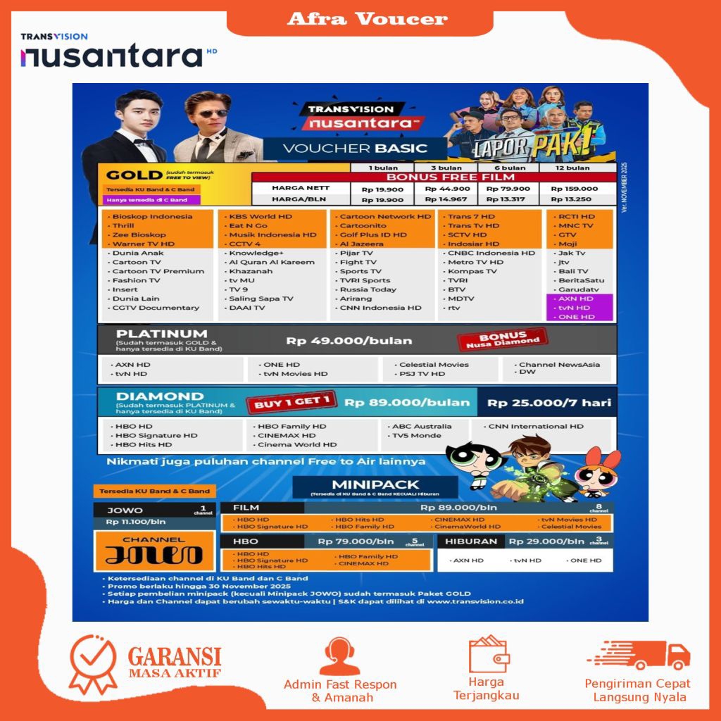 Voucher Tanaka Nusantara HD Paket Nusa Minipack Transvision Samsung HD Platinum Kids Gold Hiburan Pr