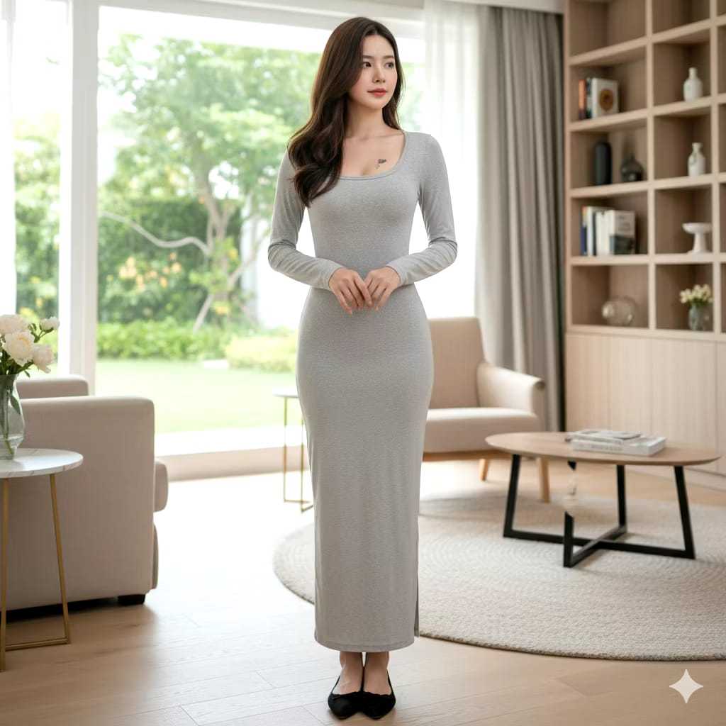 Mina Sexy Maxi Dress Bodycon Korean Style Long slevee Long Dress Wanita Lengan Panjang Bodycon Polos