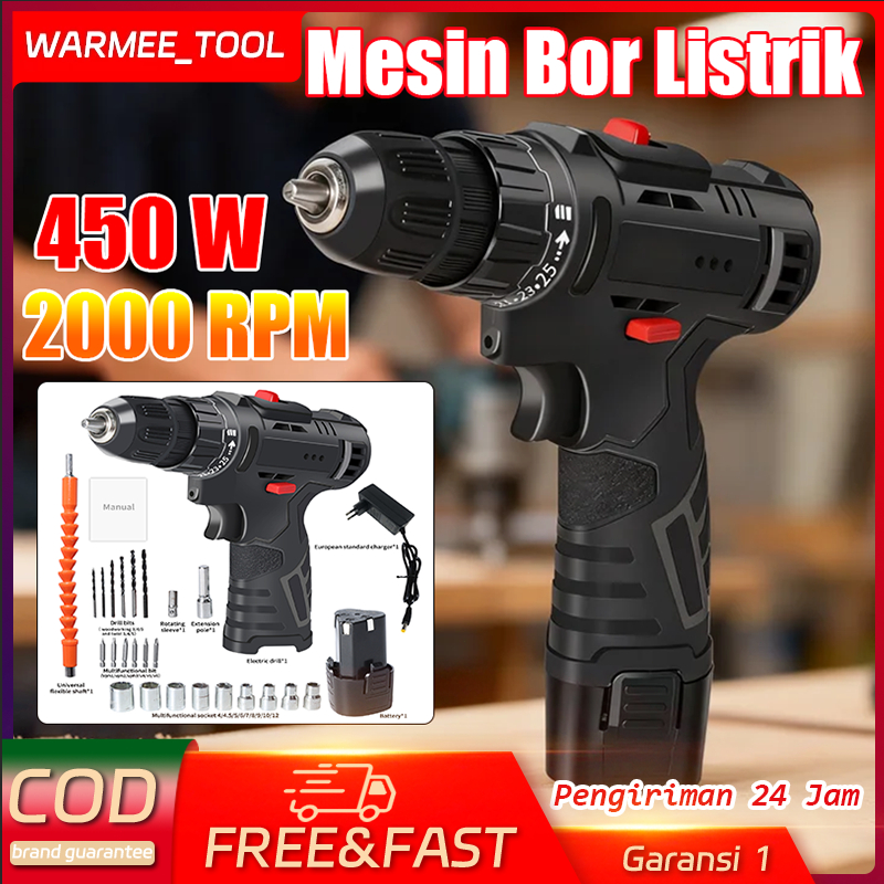WARMEE Mesin Bor Listrik Multifungsi Tangan Cordless Drill Battery Bor 2000rpm 24PCS Bor Listrik Min