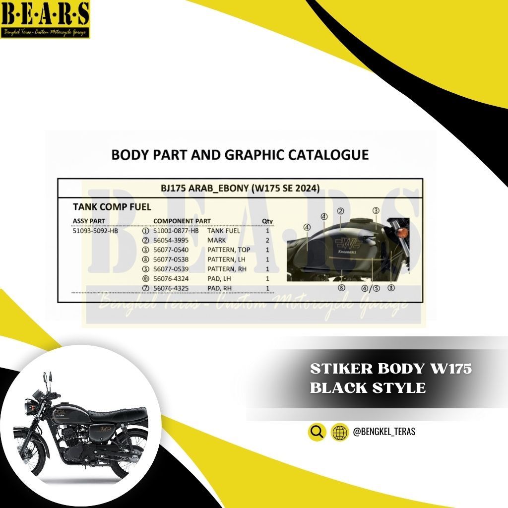 Stiker Bodi Pattern Kawasaki W175 Black Style Edition Original Warna strip Gold Edition