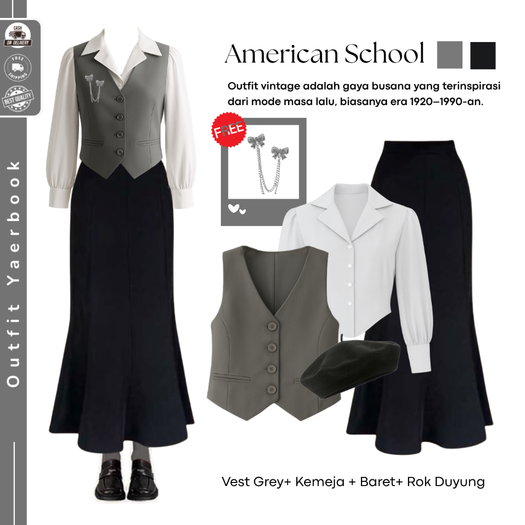 Ootd Yearbook American School ( Vest Hitam + Kemeja + Vest Hitam + Rok Duyung ) Yearbook Viral Ameri