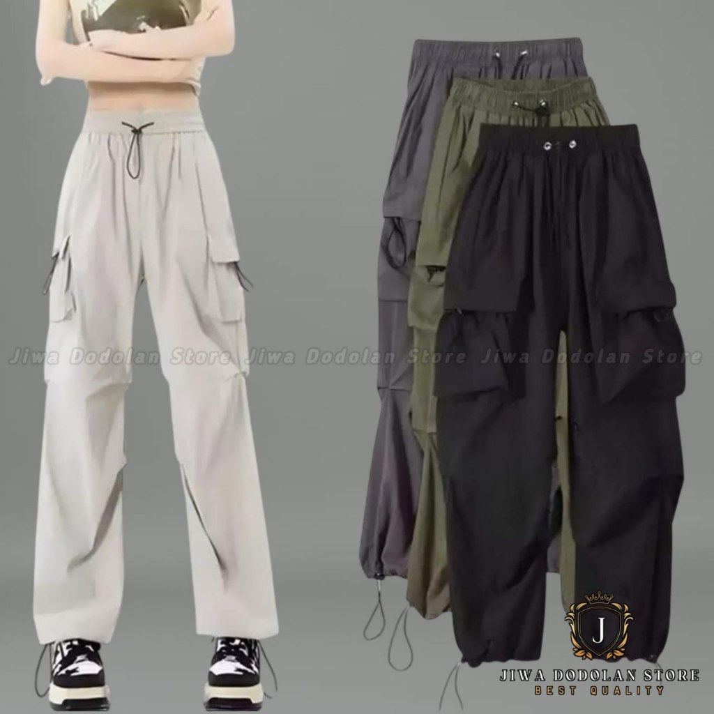 JIWA DODOLAN - CELANA CARGO WANITA HIGHWAIST LOOSE PANTS TROUSER KOREAN STYLE - CELANA GUNUNG WANITA