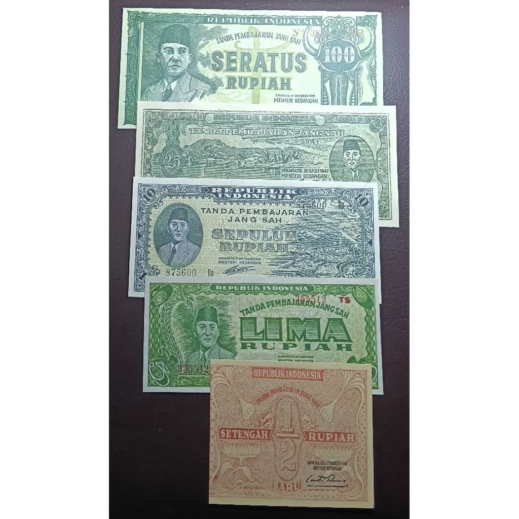 Uang Lawas Indonesia Repro Seri Presiden Soekarno&Uang REPRO Revolusi 5 lembar THN 1947-1949