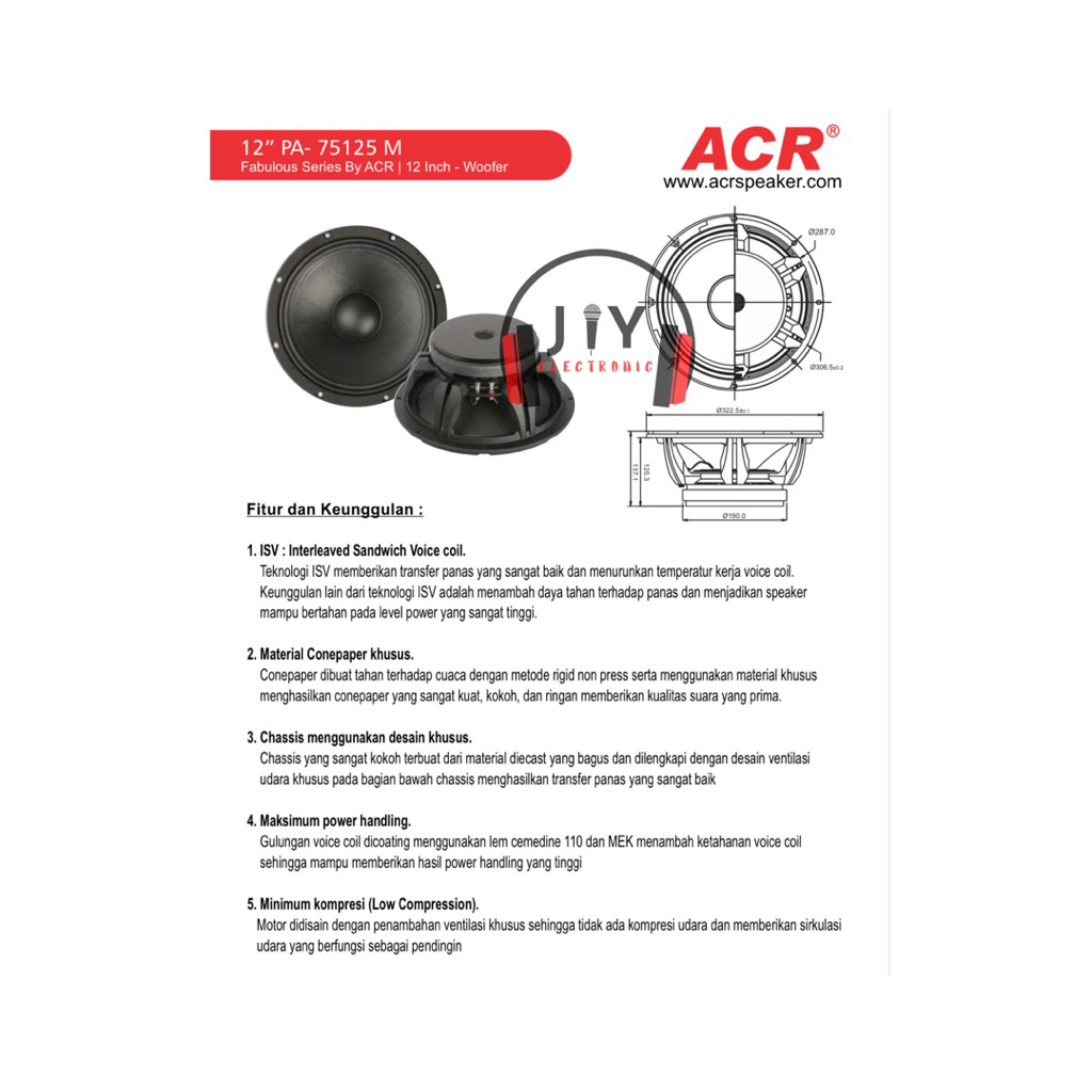 Speaker Fabulous Series by ACR 12 inch 12” Fabulous PA-75125 Woofer PA 75125 Woofer PA75125 Woofer