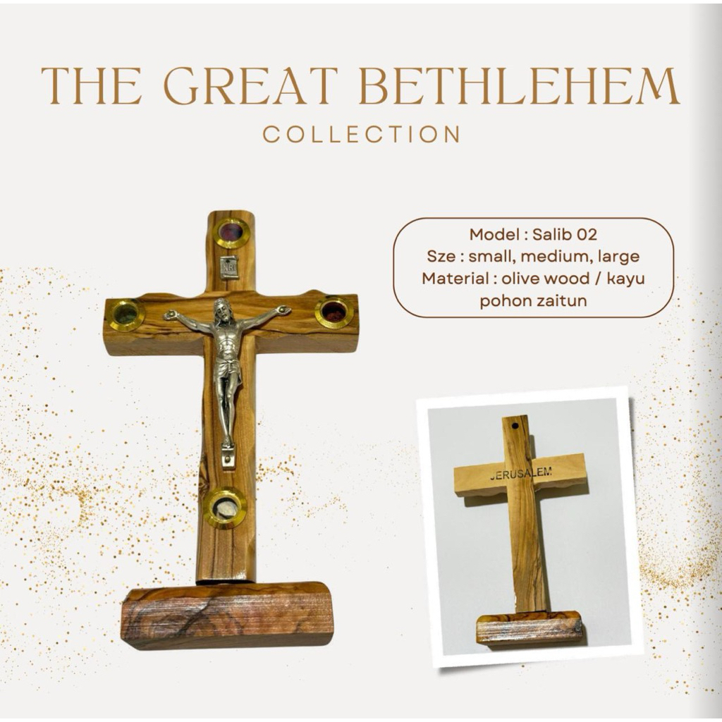 LARGE Salib 02 Kayu Zaitun Bethlehem dengan Dudukan – Handmade Tanah Suci