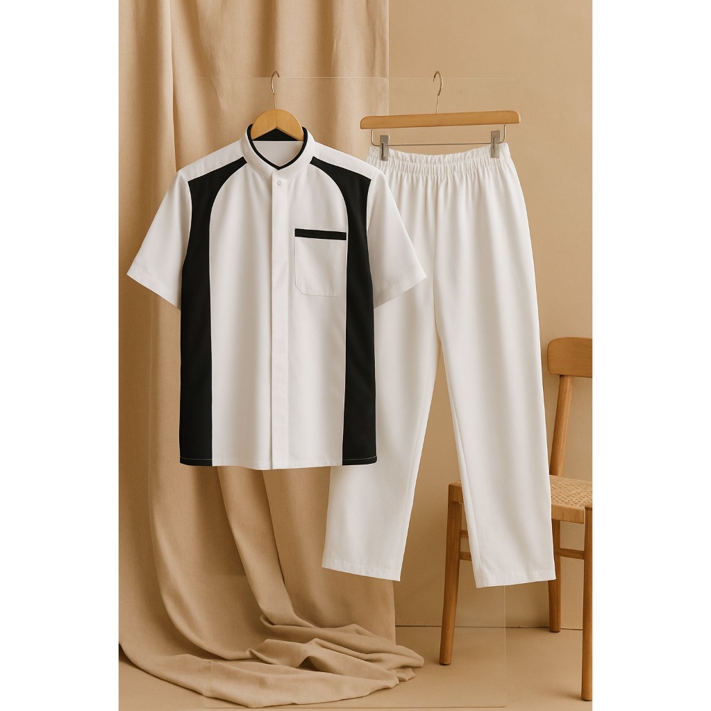 Baju Koko Anak Laki Kombinasi Warna Hitam Putih Setelan Muslim Modis untuk Ngaji & Lebaran Kurta